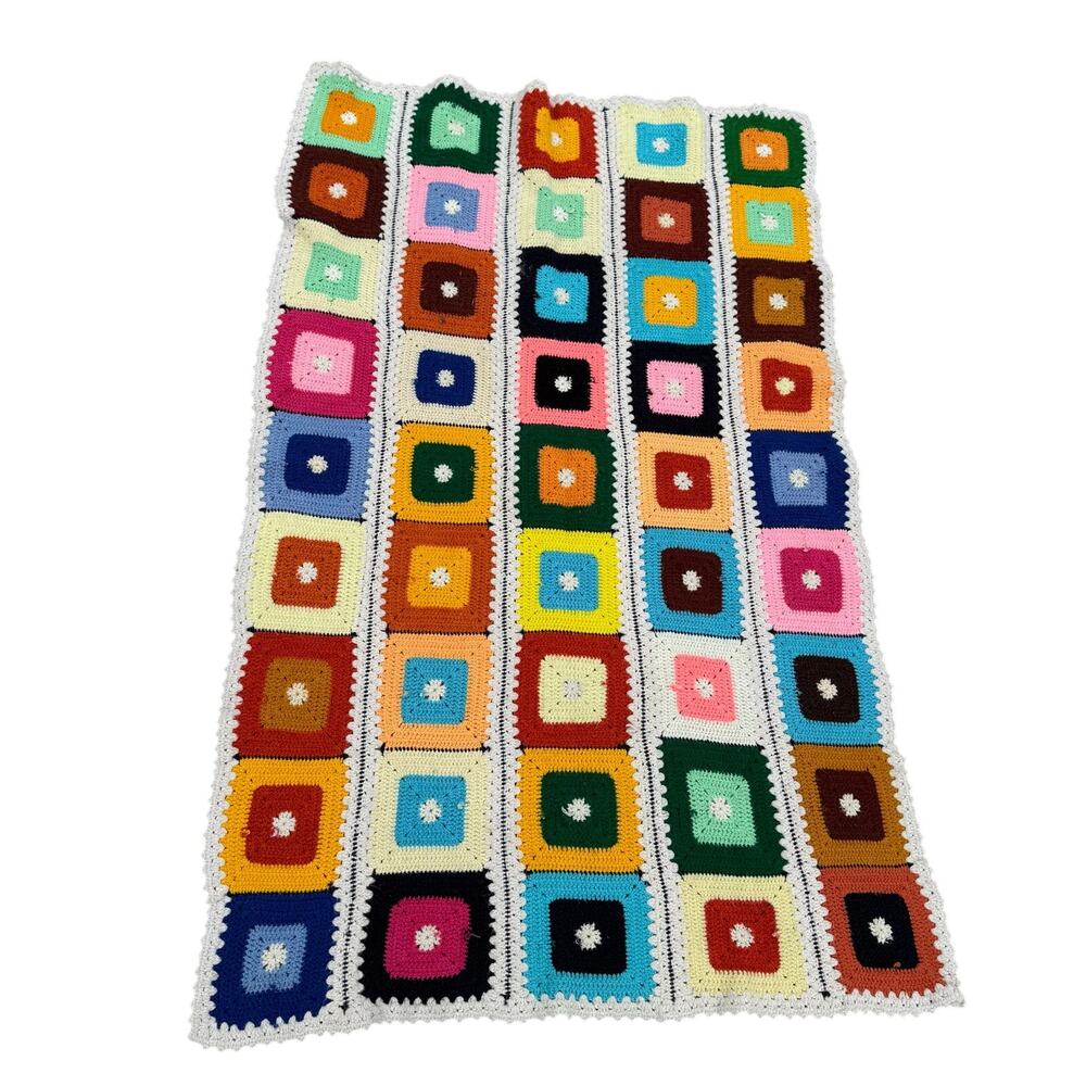 Vintage Granny Square Crochet Multicolor Handmade Blanket 40x62 Heavy Fabric